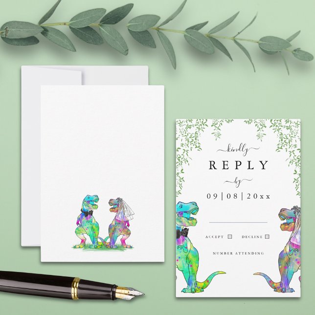 Dinosaur Eucalyptus Wedding Reply RSVP Karte (Dinosaur theme botanical wedding rsvp enclosure card)