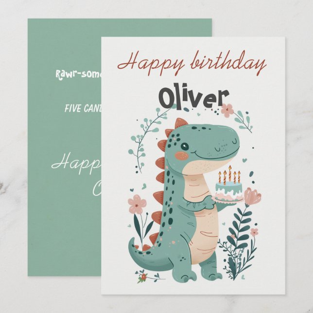Dinosaur Fifth Birthday Grußkarte Einladung (Vorne/Hinten)