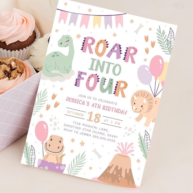 Dinosaur fille 4e anniversaire Invitation mignonne (Créateur téléchargé)