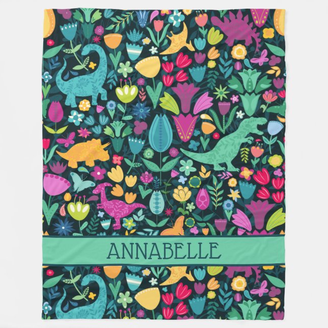 Dinosaur Floral Folk Silhouetten Schöne Girls Fleecedecke (Vorderseite)