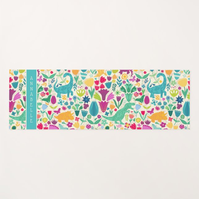 Dinosaur Floral Folk Silhouetten Schöne Girls Yogamatte (Vorderseite (Horizontal))