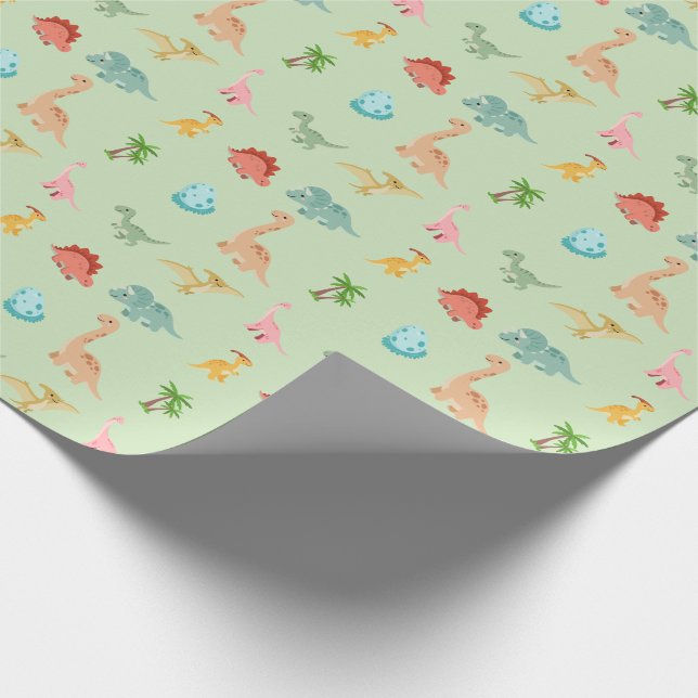 Dinosaur Freunde Geschenkpapier – Salbeigrün (Ecke)
