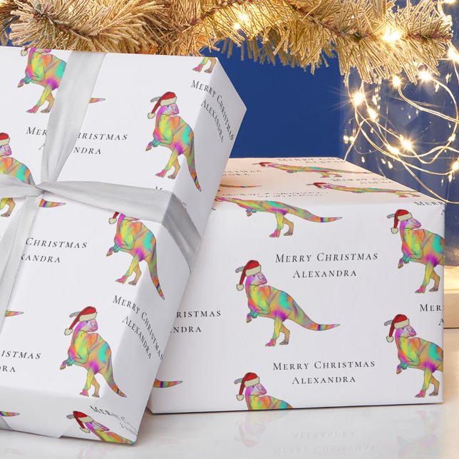 Dinosaur Frory Christmas Personalisierter Mädchenn Geschenkpapier (Personalized girl name merry Christmas dinosaur parasaurolophus wrapping paper Watercolor dino Santa)