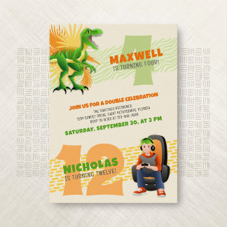 Dinosaur Gamer Joint Double Birthday Einladung