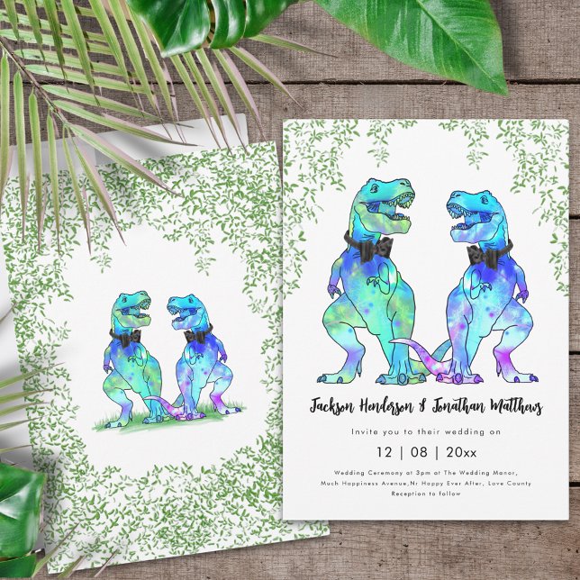 Dinosaur Gay Wedding T-Rex zwei Grooms Einladung (Dinosaur gay wedding two T-Rex grooms colorful dino wedding invitation in vibrant bright colors )