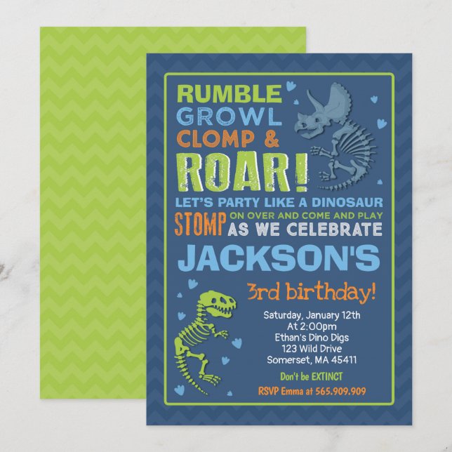 Dinosaur Geburtstag Einladung Dinosaur Fossil Part (Vorne/Hinten)