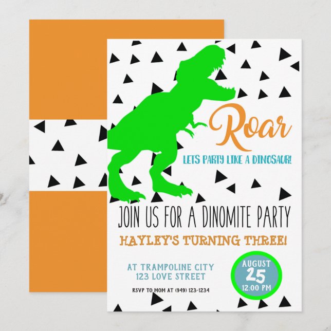 Dinosaur Geburtstag Kinder Einladungen Neon Green (Vorne/Hinten)