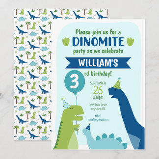 Dinosaur Geburtstagsparty Dino Party Blau und Grün Einladung