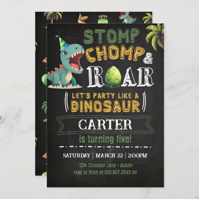 Dinosaur Geburtstagsparty Einladung Chomp Roar (Vorne/Hinten)