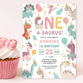 Dinosaur Girl 1st Birthday Invitation Einladung