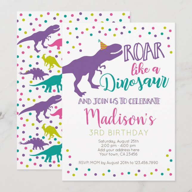Dinosaur Girl Birthday Einladung (Vorne/Hinten)
