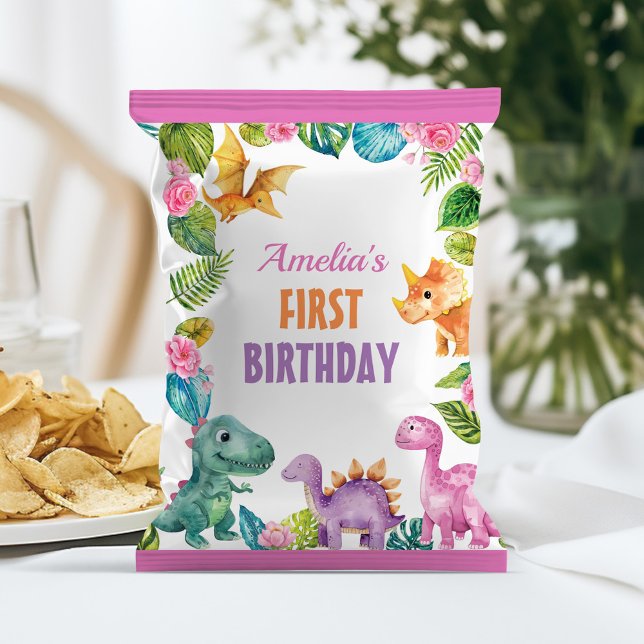 Dinosaur Girl First Birthday Chip Bag Wrapper Flyer (Von Creator hochgeladen)