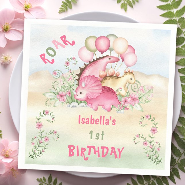 Dinosaur Girl Pink Pastel Niedlich Floral 1. Gebur Serviette (Dinosaur Girl Pink Pastel Cute Floral 1st Birthday Napkins)