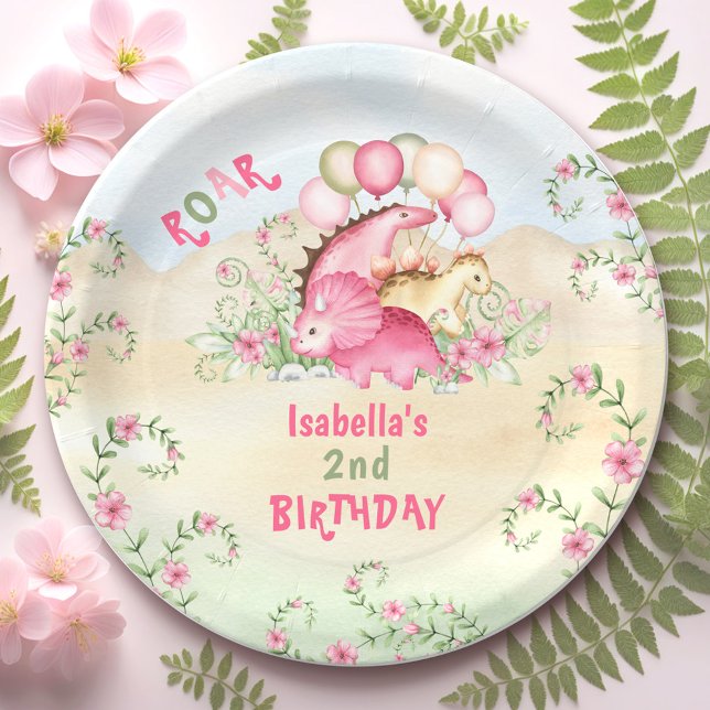 Dinosaur Girl Pink Pastel Niedlich Floral 2. Gebur Pappteller (Dinosaur Girl Pink Pastel Cute Floral 2nd and any Birthday Paper Plates)