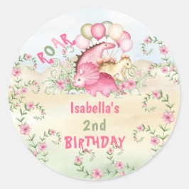 Dinosaur Girl Pink Pastel Niedlich Floral 2. Gebur Runder Aufkleber