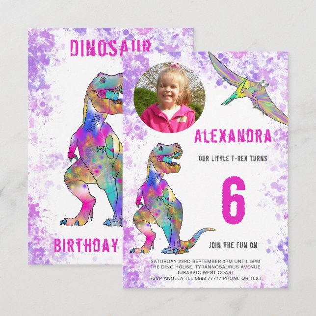 Dinosaur Girls Birthday Party Foto Einladung (Vorne/Hinten)
