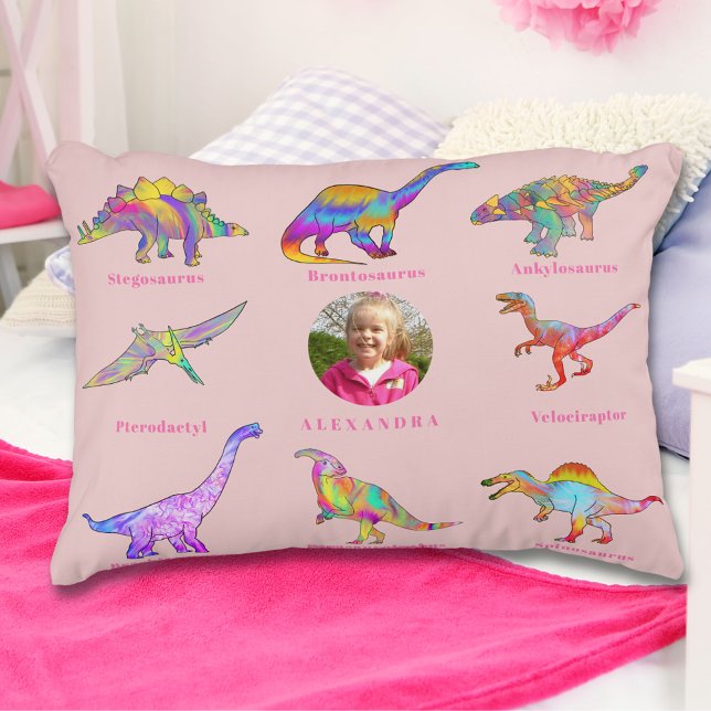 Dinosaur Girls Personalisiert Name und Foto Dekokissen (Colorful dinosaur girls personalized name and photo pink pillow)