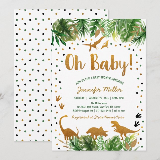 Dinosaur Green Gold Safari Baby Dusche Einladung (Vorne/Hinten)