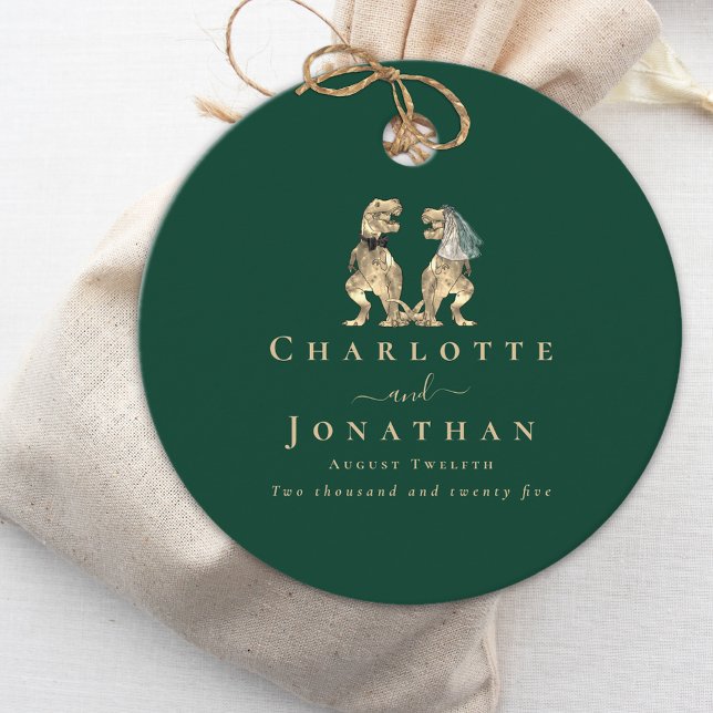Dinosaur Green Wedding Custom Geschenkanhänger (Dinosaur wedding dark green custom favor tag T-Rex dino bride and groom elegant modern typography )