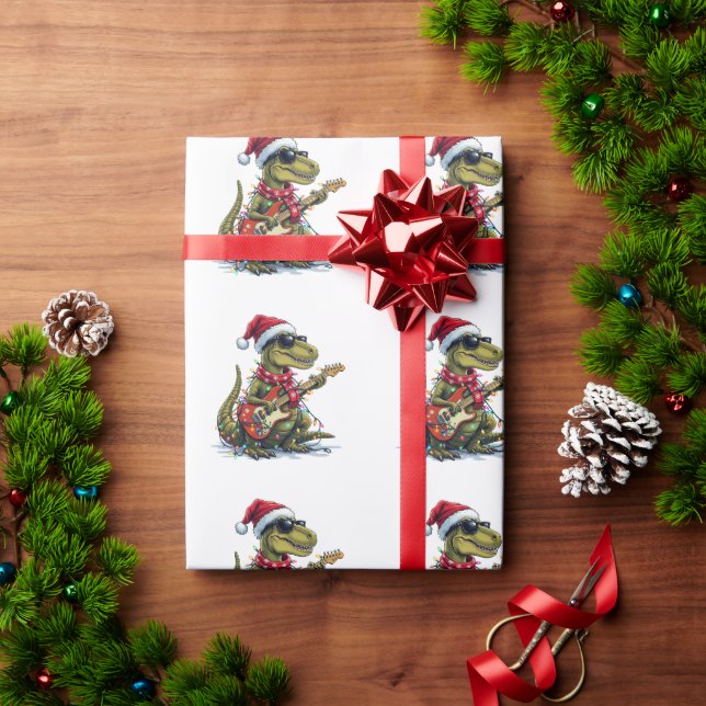 Dinosaur Guitar Player Xmas Geschenkpapier (Feiertagsgeschenk)