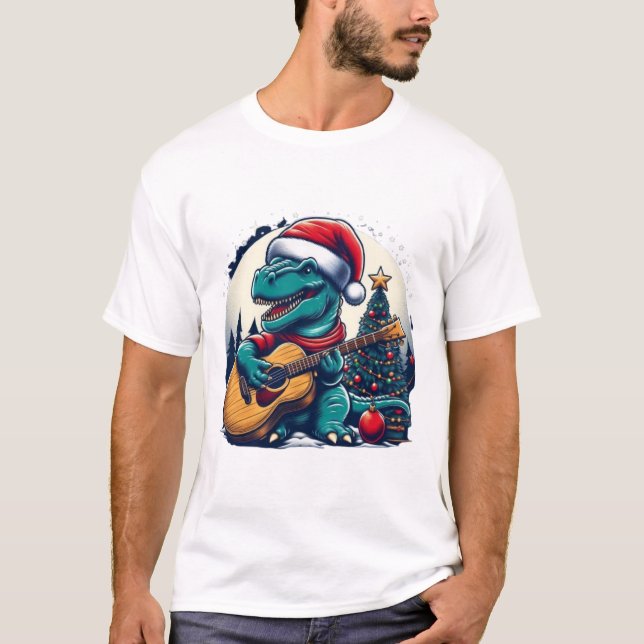 Dinosaur Guitar Player Xmas Sonntag T-Shirt (Vorderseite)
