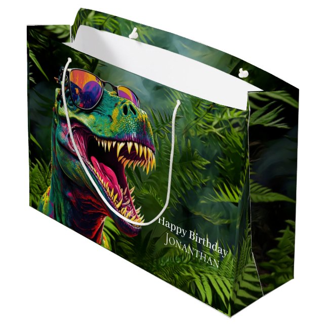 Dinosaur Happy Birthday Kinder Jungle Große Geschenktüte (Rückseite Schrägansicht)