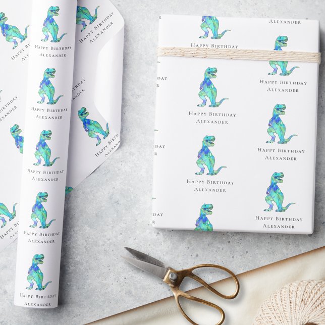Dinosaur Happy Birthday Personalisiert Boy Name Geschenkpapier (dinosaur happy birthday personalized boy name modern gift wrapping paper colorful watercolor T-Rex)