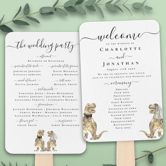 Dinosaur Hochzeitfeier Schwarz-Weiß-Programm Fächer (T-Rex bride and groom funny dinosaur wedding ceremony program fan Elegant modern script )