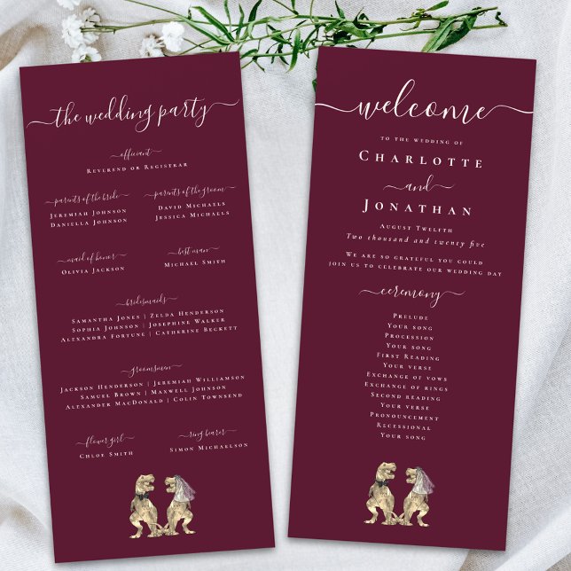 Dinosaur Hochzeitsfeier Burgundy & Cream Programm (Dinosaur theme wedding ceremony burgundy & cream program card Whimsical elegant modern script T-Rex )