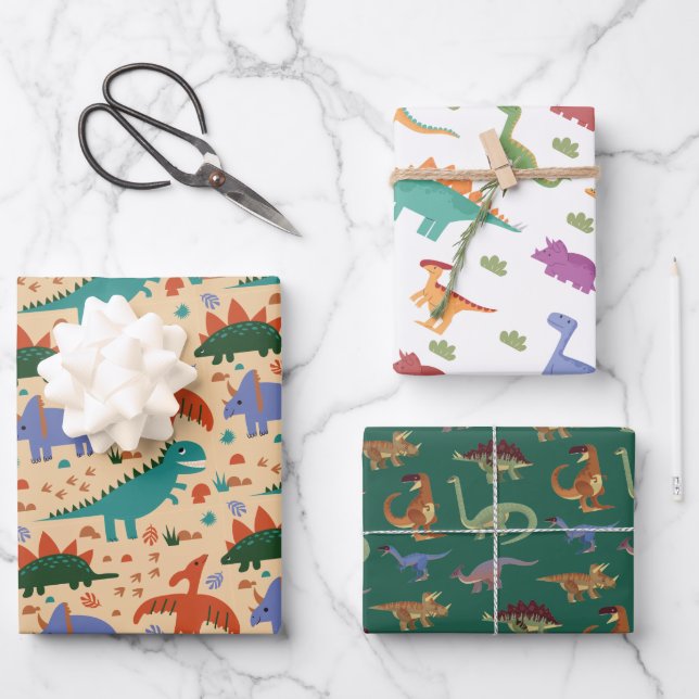 Dinosaur Illustration Pattern Kindergeburtstag Geschenkpapier Set (Vorderseite)