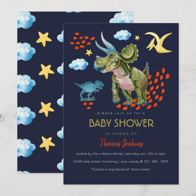 Dinosaur im Watercolor Baby Shower invite. Einladung (Vorne/Hinten)