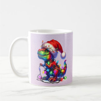 Dinosaur in Weihnachtslichterkette verheddert Kaffeetasse
