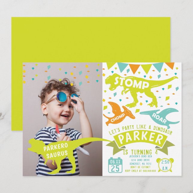 Dinosaur Invitation Anniversaire Photo moderne (Devant / Derrière)