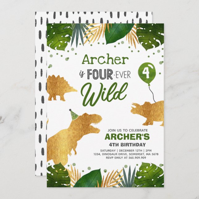Dinosaur Invitation d'anniversaire Four Ever Wild  (Devant / Derrière)