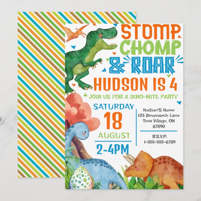 Dinosaur Invitation de fête d'anniversaire Personn (Devant / Derrière)
