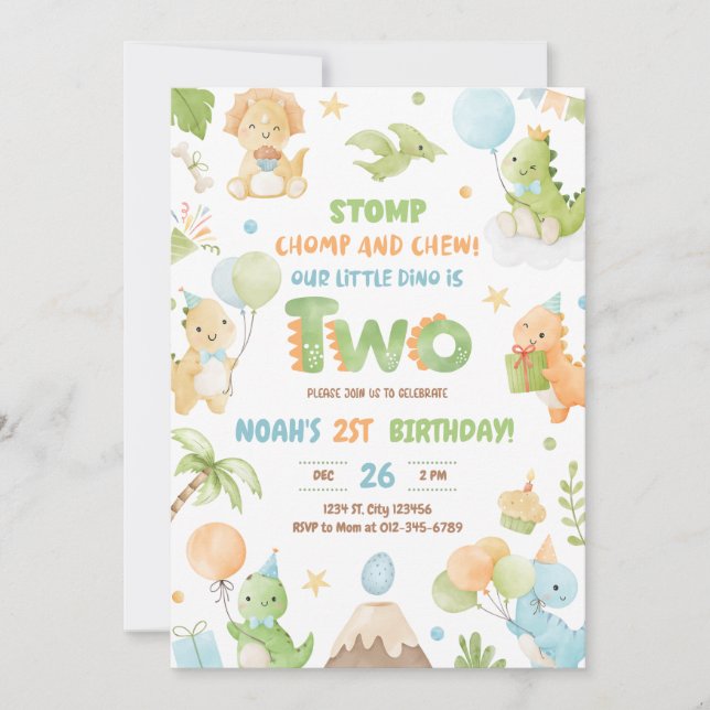 Dinosaur Invitation de fête du 2e anniversaire (Devant)