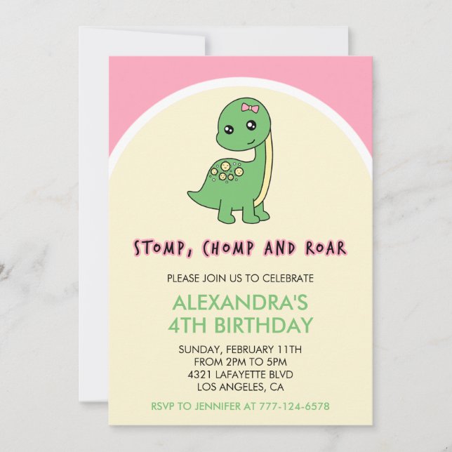 Dinosaur invitations de 4ème anniversaire fille ro (Devant)