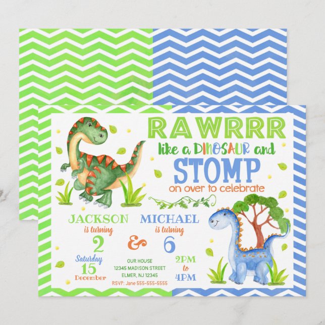 Dinosaur Joint Birthday Einladung für Geschwister (Vorne/Hinten)