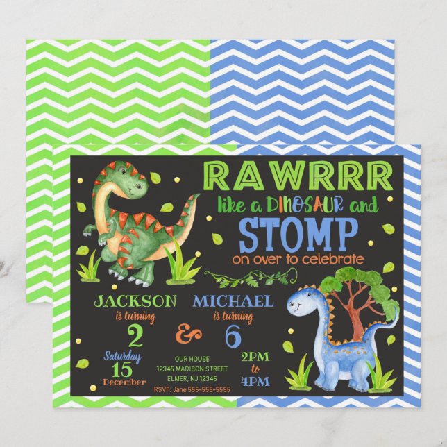 Dinosaur Joint Birthday Einladung für Geschwister (Vorne/Hinten)