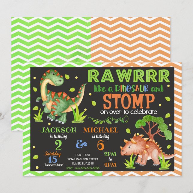 Dinosaur Joint Birthday Einladung für Geschwister (Vorne/Hinten)