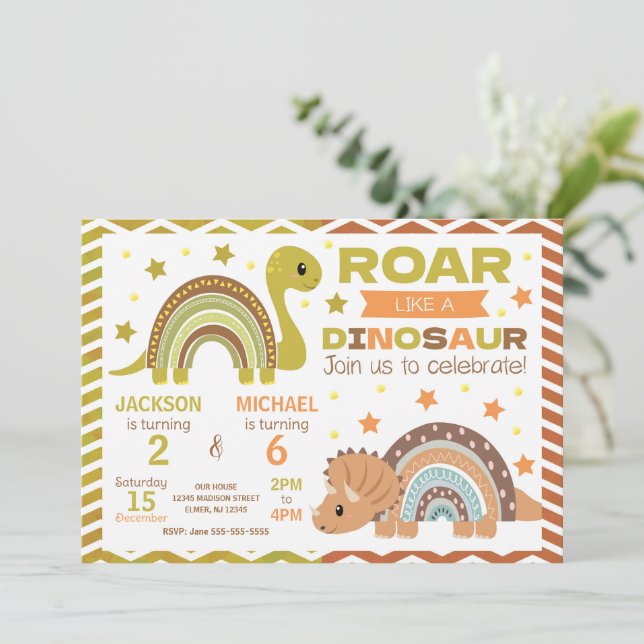 Dinosaur Joint Birthday Invitation for Siblings (Debout devant)