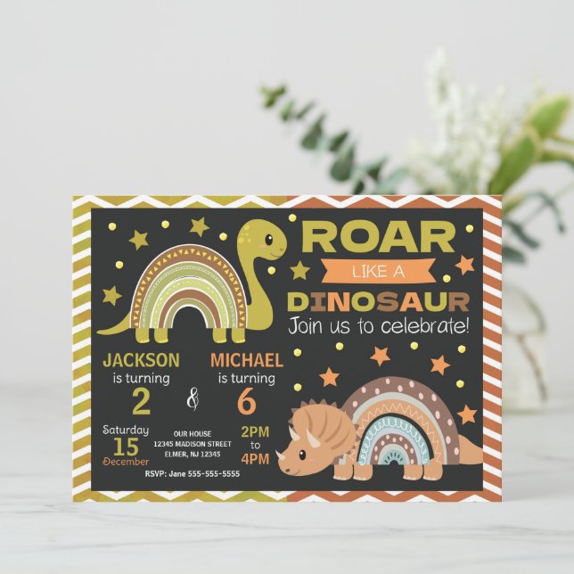 Dinosaur Joint Birthday Invitation for Siblings (Debout devant)