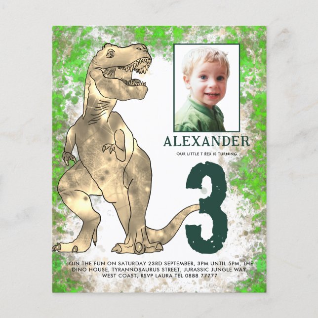 Dinosaur Jungle 3. Geburtstag Party Foto Budget Flyer (Vorne)