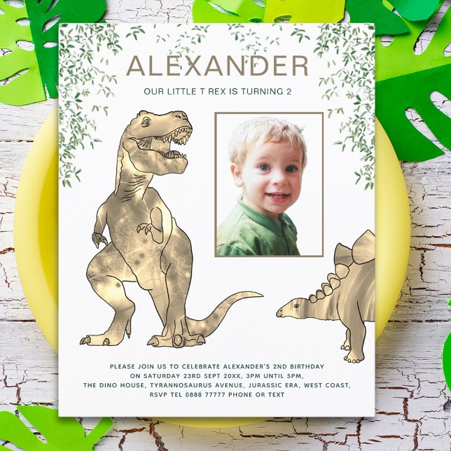 Dinosaur Jungle Boys Geburtstag (Dinosaur jungle T-Rex and stegosaurus 2nd birthday party budget invitation with photo template )