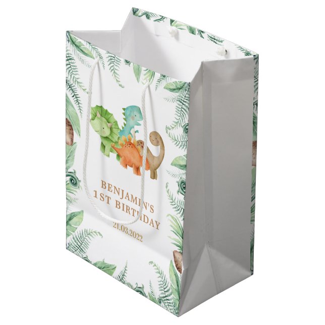 Dinosaur Jurassic Birthday Party Mittlere Geschenktüte (Vorderseite Schrägansicht)