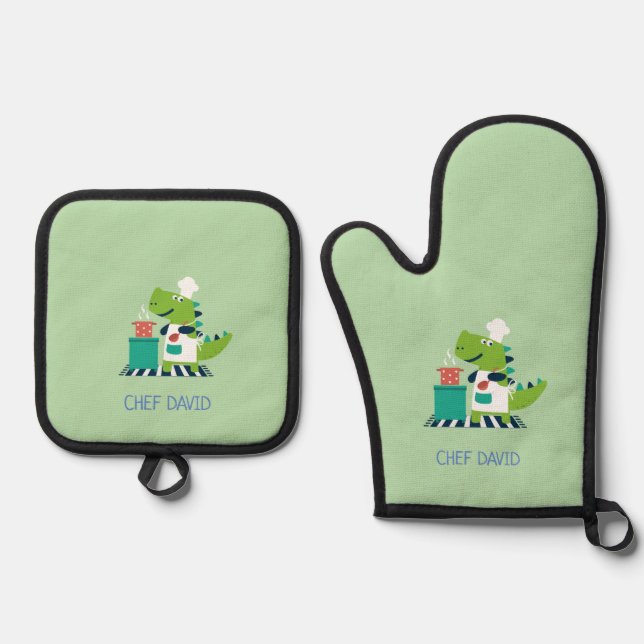 Dinosaur Kids Oven Mitt and Pot Holder Set (Vorderseite)