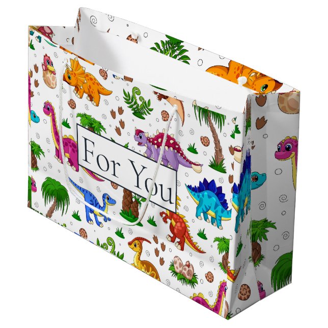 Dinosaur Kindermuster für Sie große Geschenktasche Geschenktüte (Vorderseite Schrägansicht)