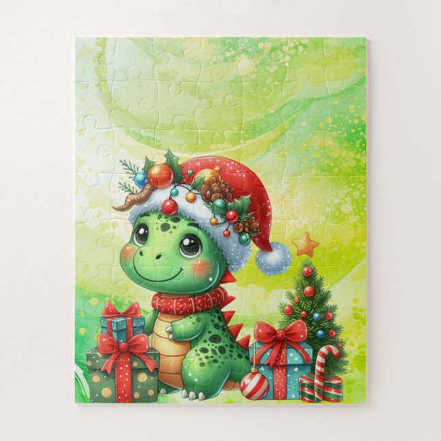 Dinosaur mignon Vert Puzzle de Noël pour enfants (Vertical)