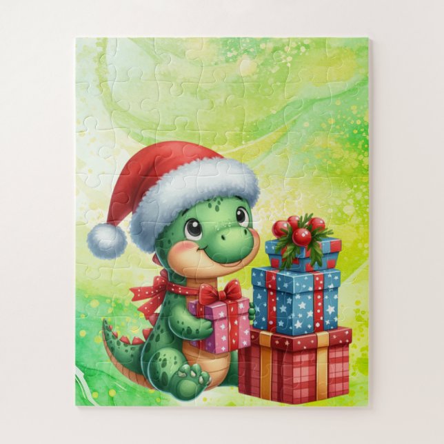 Dinosaur mignon Vert Puzzle de Noël pour enfants (Vertical)