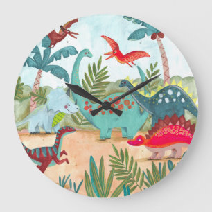 Dinosaur niedliche vorhistorische Dschungelkinder Große Wanduhr